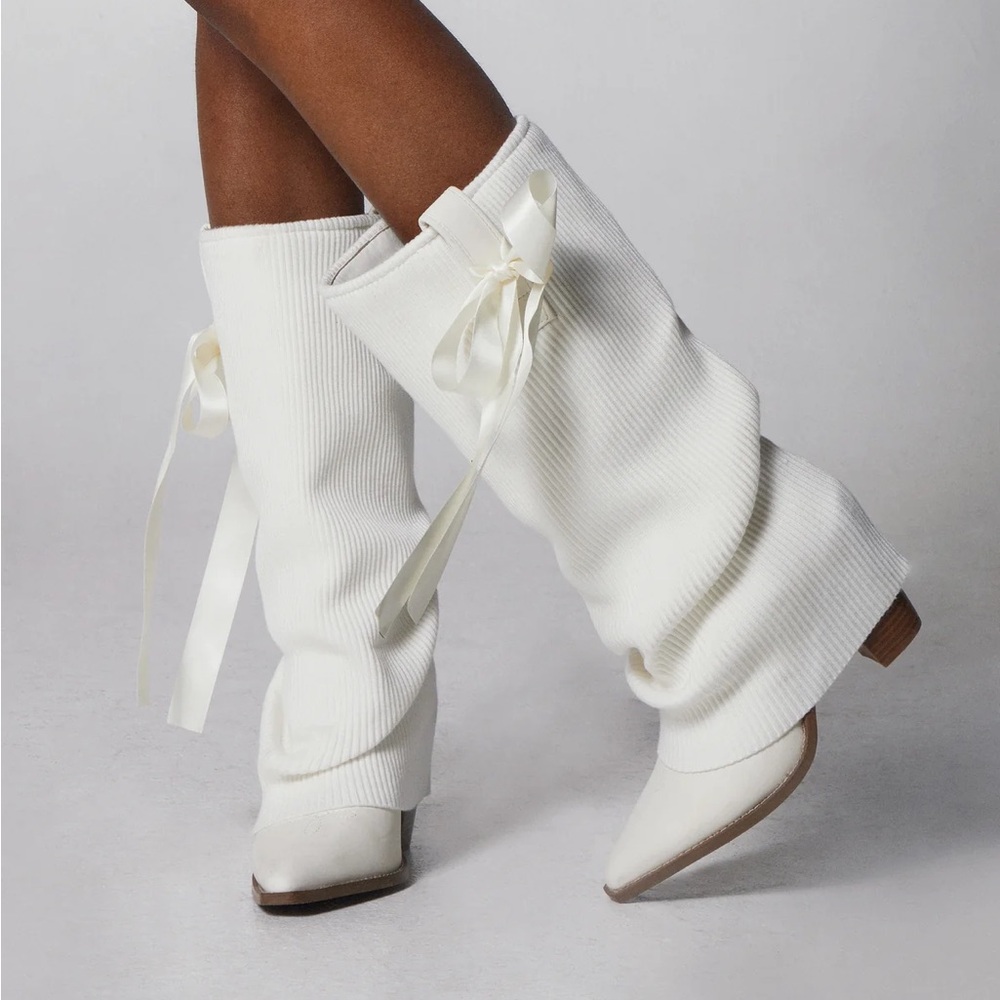 Sugar Thrillz Cream Heeled Boots with Ribbon Detail